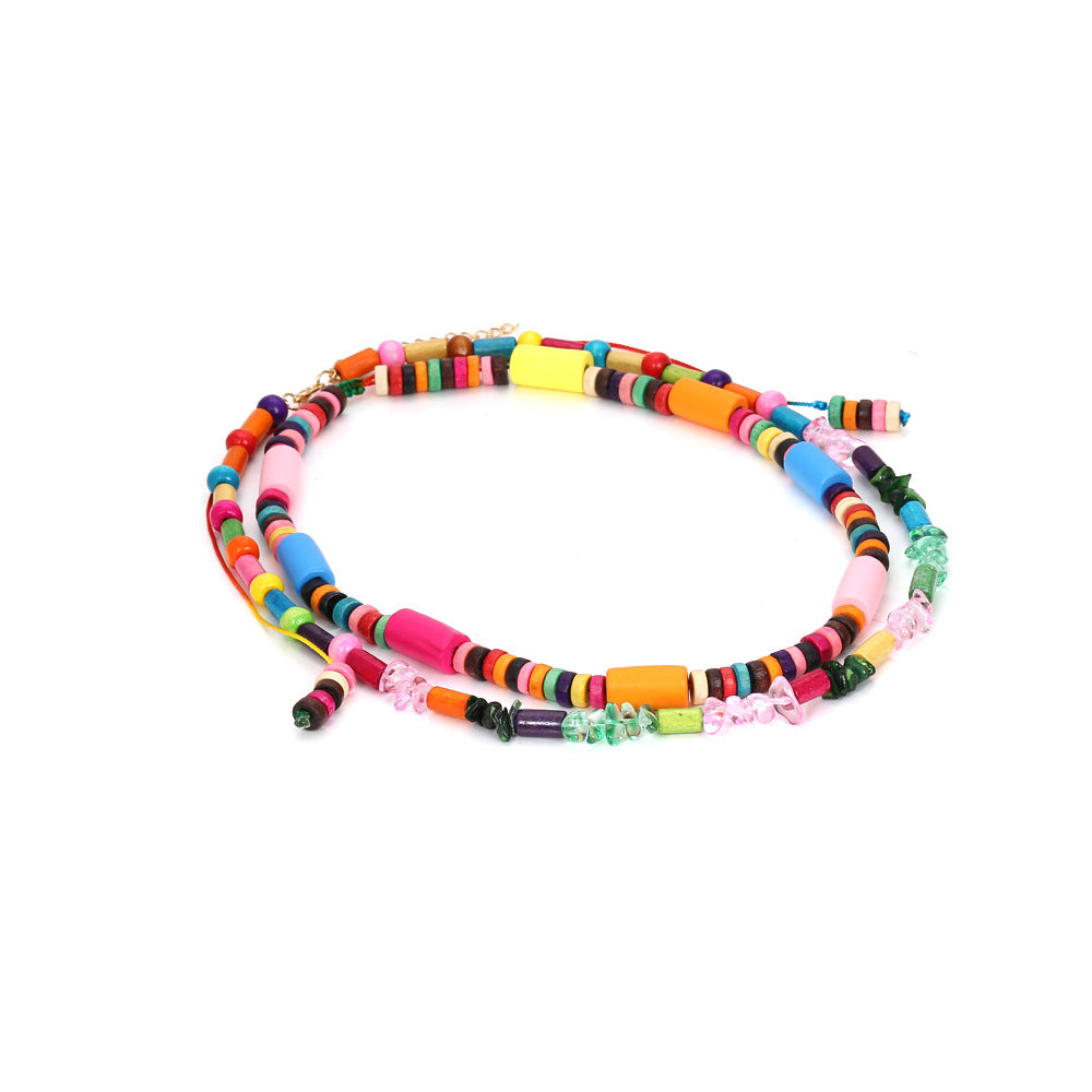 Venta al por mayor Collar de cuentas de colores de doble capa bohemio de madera